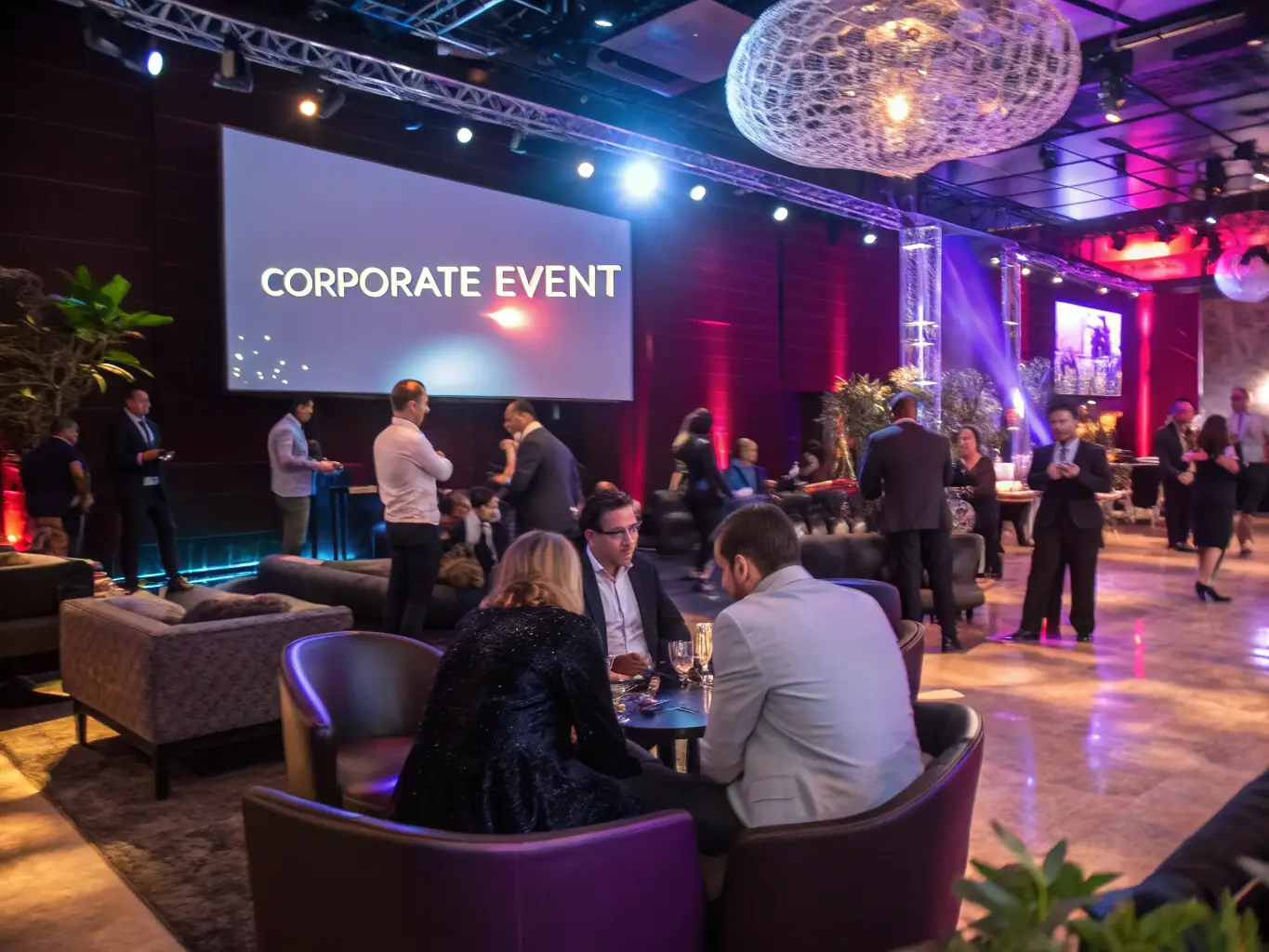 A modern corporate event with a 360 Photo Booth in action, capturing attendees laughing and creating dynamic videos with company branding in the background.