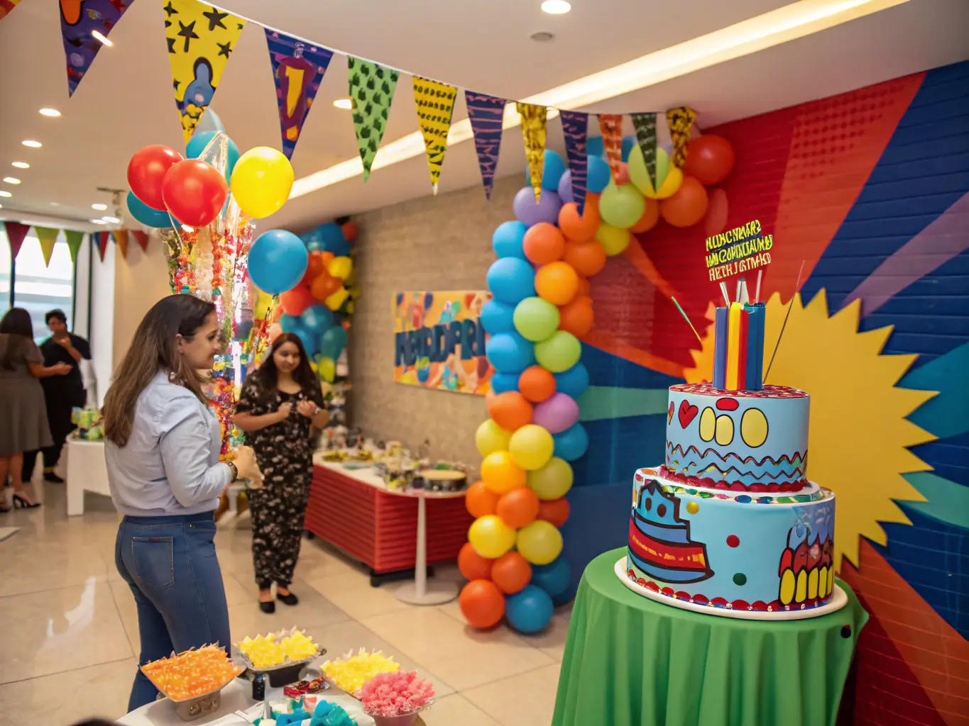 A lively birthday party with guests of all ages enjoying the Mirror Photo Booth, taking silly photos with props and creating fun memories.