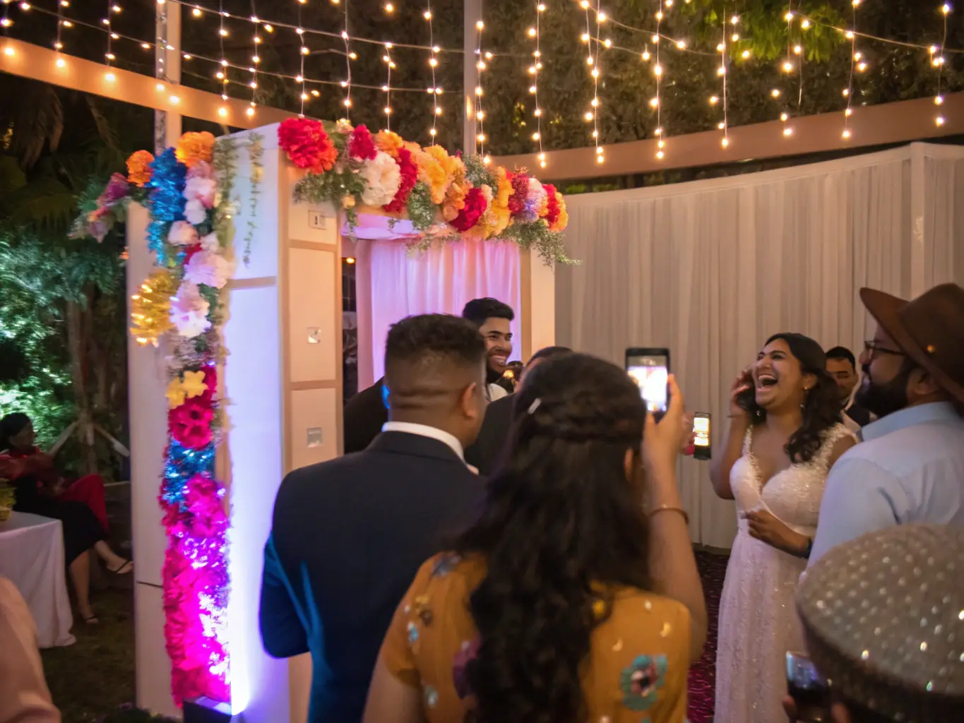 A beautifully decorated wedding reception with a Mirror Photo Booth set up in the corner, capturing guests in their formal attire as they pose and interact with the booth.