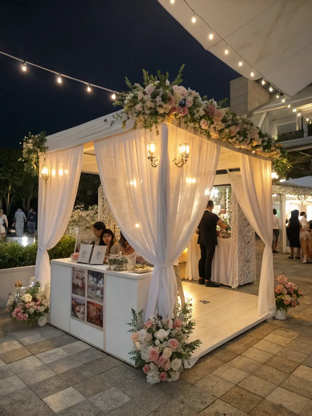 A beautifully decorated wedding reception with CaptureAndShare's Mirror Photo Booth set up in the corner, capturing guests taking fun and elegant photos.