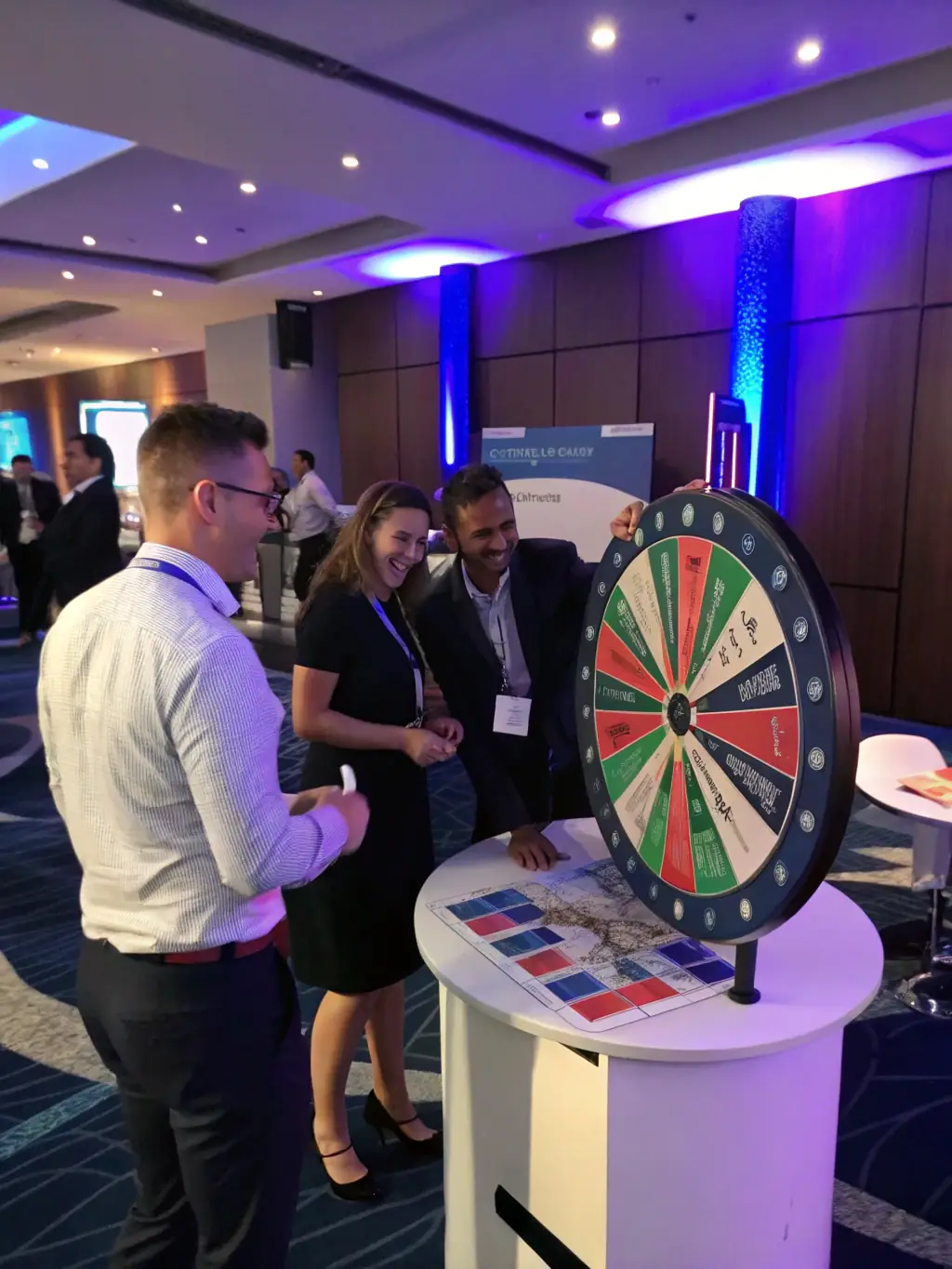 A vibrant corporate event with CaptureAndShare's 360 Photo Booth in action, capturing attendees creating dynamic video content for social media.