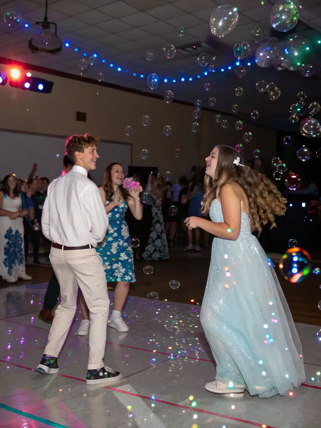 A school prom with CaptureAndShare's photo booth, capturing students dressed in formal wear and having a great time.